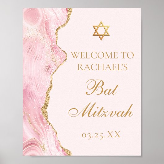 Chique Roze Goud Agaat Bat Mitzvah Aangepast Feest Poster (Voorkant)