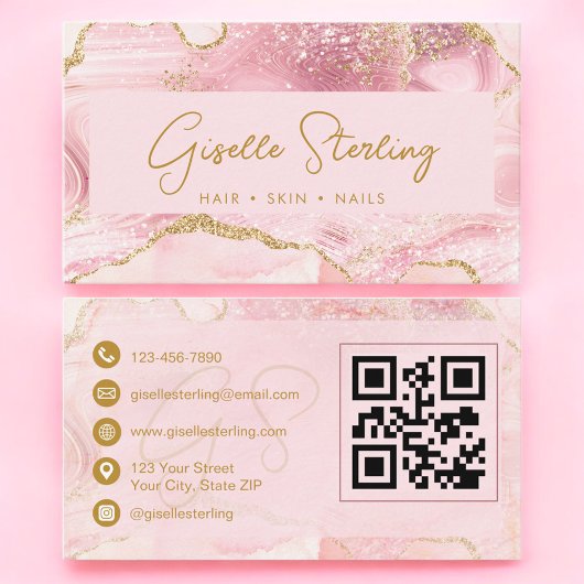 Chique Roze Goud Agaat Marmer QR Code Luxe Visitekaartje