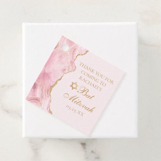 Chique roze goud agaat vleermuis mitzvah aangepast bedankjes labels (In situ)