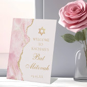 Chique roze goud agaat vleermuis mitzvah aangepast reclamebord met voetstuk
