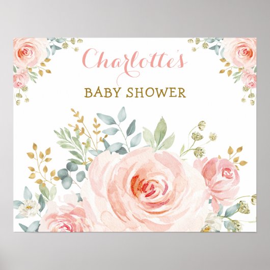 Chique Roze Goud Bloemige Baby Shower Verjaardag Poster (Voorkant)