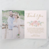 Chique roze goud bloemige pioen groen bruiloft fot bedankkaart (Binnen)