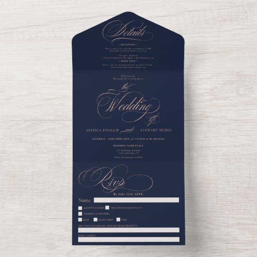 Chique roze goud elegante script navyblauwe trouw all in one uitnodiging (Binnen)