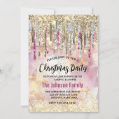 Chique roze goud glitter druppels monogram kerst kaart (Voorkant)