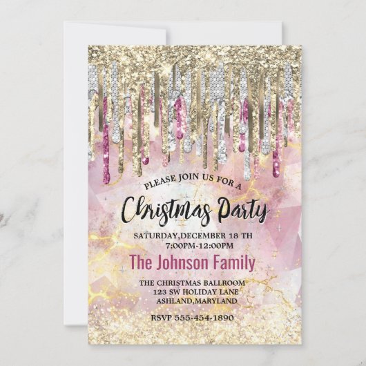 Chique roze goud glitter druppels monogram kerst kaart (Voorkant)