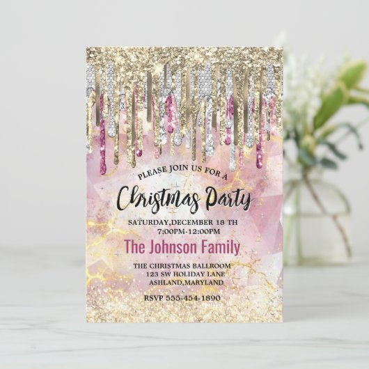 Chique roze goud glitter druppels monogram kerst kaart (Staand voorkant)