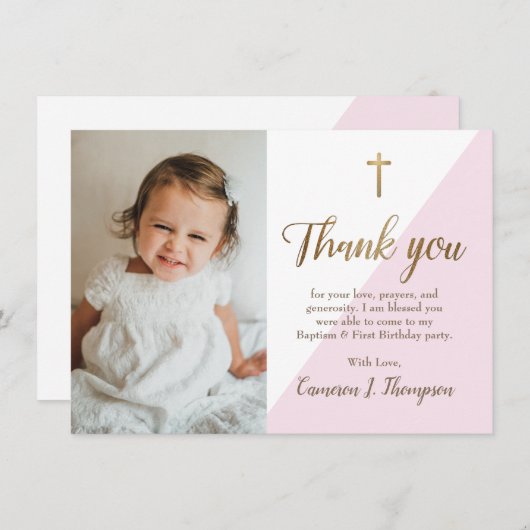Chique Roze Goud Modern Eerste verjaardag doop fot Bedankkaart (Voorkant / Achterkant)