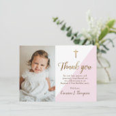 Chique Roze Goud Modern Eerste verjaardag doop fot Bedankkaart (Staand voorkant)