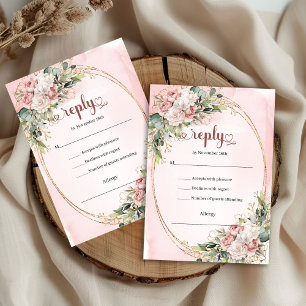 Chique Roze Goud Stof Roze Bloem Bruiloft RSVP Kaa Kaartje