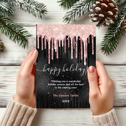 Chique roze goud zwarte nieuwjaars- en kerstwens kaart