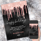 Chique roze goud zwarte nieuwjaars- en kerstwens kaart