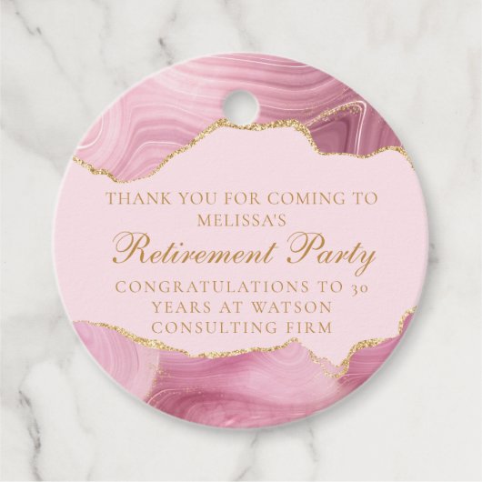 Chique roze gouden agaat aangepaste pensioenpartij bedankjes labels (Voorkant)