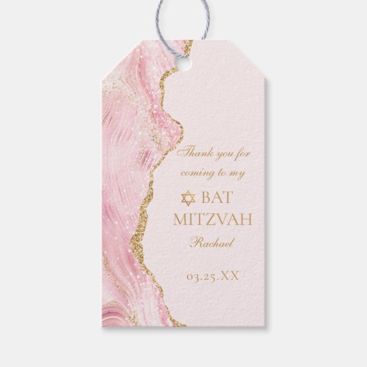 Chique roze gouden agaat vleermuis mitzvah partij cadeaulabel (Voorkant)