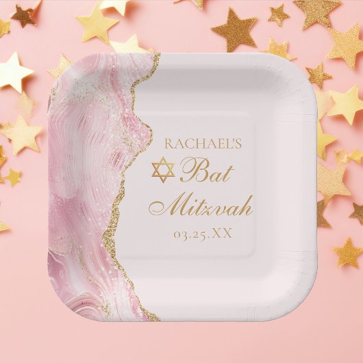 Chique roze gouden agaat vleermuis mitzvah partij papieren bordje