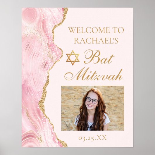 Chique roze gouden agaat vleermuis mitzvah partij poster (Voorkant)