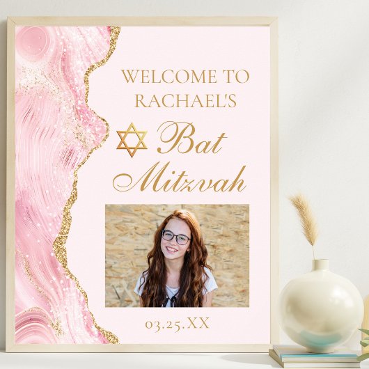 Chique roze gouden agaat vleermuis mitzvah partij  poster