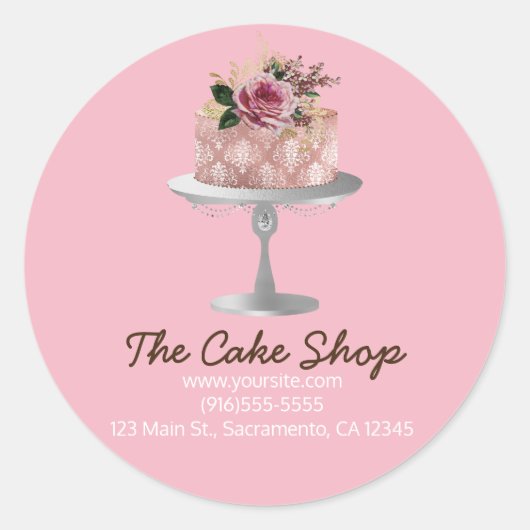 Chique Roze Gouden Bloem Cake Bakkerij Sticker Lab (Voorkant)