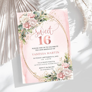 Chique roze gouden bloemen en groen voor Sweet Six Kaart