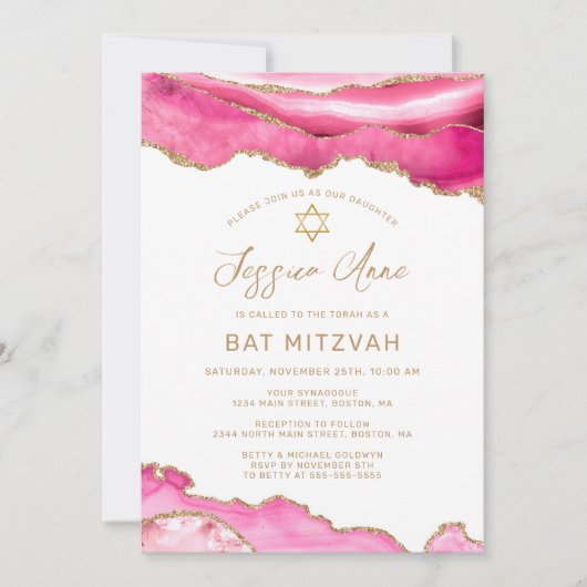 Chique Roze Gouden Glitter Agate Bat Mitzvah Kaart (Voorkant)