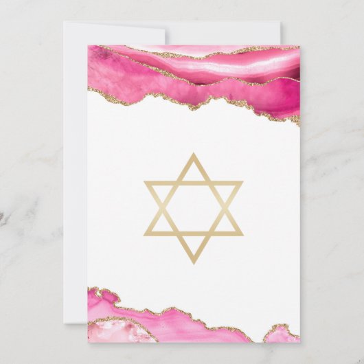 Chique Roze Gouden Glitter Agate Bat Mitzvah Kaart (Achterkant)