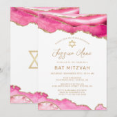 Chique Roze Gouden Glitter Agate Bat Mitzvah Kaart (Voorkant / Achterkant)