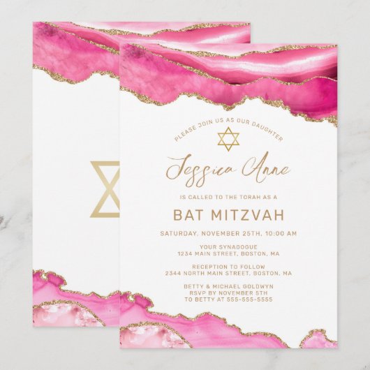 Chique Roze Gouden Glitter Agate Bat Mitzvah Kaart (Voorkant / Achterkant)