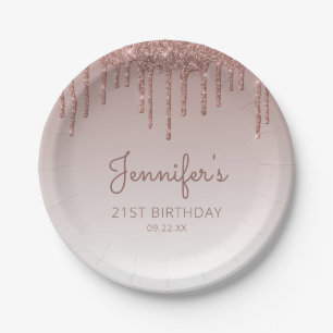 Chique Roze Gouden Glitter Drip 21e Verjaardagsfee Papieren Bordje