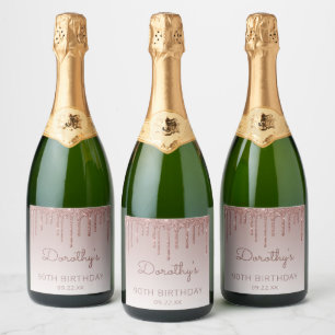 Chique Roze Gouden Glitter Drip 90ste Verjaardagsf Sparkling Wijnetiket