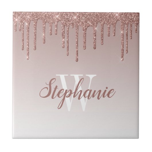 Chique Roze Gouden Glitter Drip Monogram Tegeltje (Voorkant)