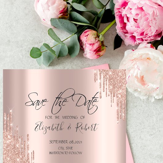 Chique Roze Gouden Glitter Drips Save The Date