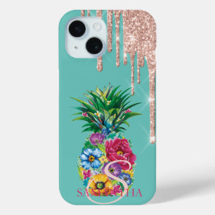 Chique Roze Gouden Glitter Druppels Ananas Mint Gr iPhone 15 Case
