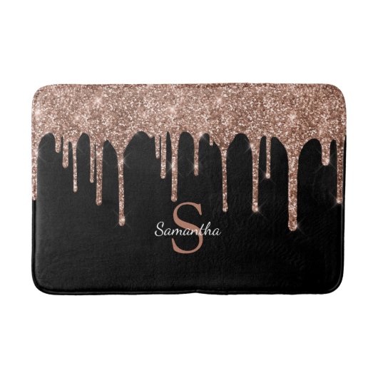 Chique Roze Gouden Glitter Druppels Glans Monogram Badmat (Voorkant)