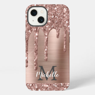Chique Roze Gouden Glitter Druppels Monogram Roze iPhone 13 Hoesje