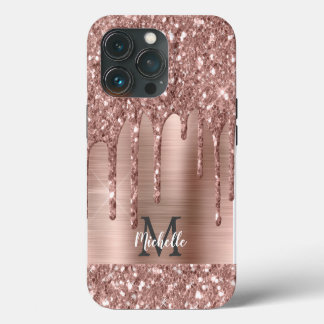 Chique Roze Gouden Glitter Druppels Monogram Roze iPhone 13 Pro Hoesje