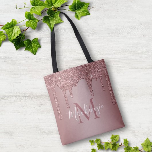 Chique Roze Gouden Glitter Druppels Monogram Tote Bag