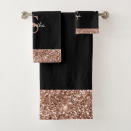 Chique Roze Gouden Glitter Druppels Zwarte Monogra Bad Handdoek