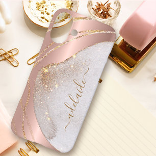 Chique Roze Gouden Glitter Geborsteld Metaal Monog iPhone 16 Plus Hoesje