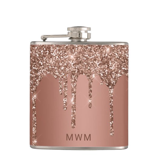 Chique Roze Gouden Glitter Glans Druppels Monogram Heupfles (Voorkant)