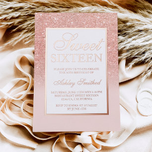 Chique roze gouden glitter glinstert ombre Sweet 1 Folie Uitnodiging