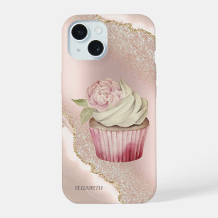 Chique Roze Gouden Glitter Marmer Cupcake iPhone 15 Case