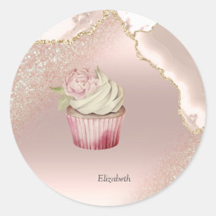 Chique Roze Gouden Glitter Marmer Cupcake Ronde Sticker
