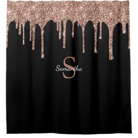 Chique Roze Gouden Glitterdruppels Glans Monogram  Douchegordijn (Voorkant)