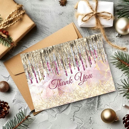 Chique roze gouden glitters glazuur monogram bedankkaart