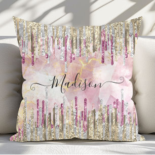 Chique roze gouden glitters glazuur monogram kussen