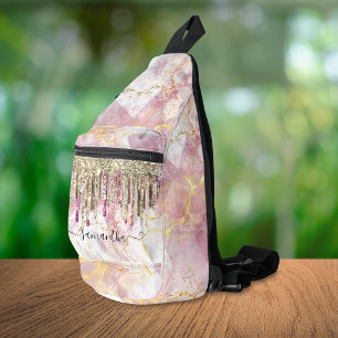 Chique roze gouden glitters glazuur monogram sling bag