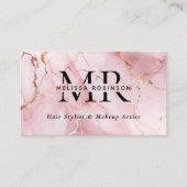 Chique Roze & Gouden Marmer Monogram en QR Code Visitekaartje (Voorkant)
