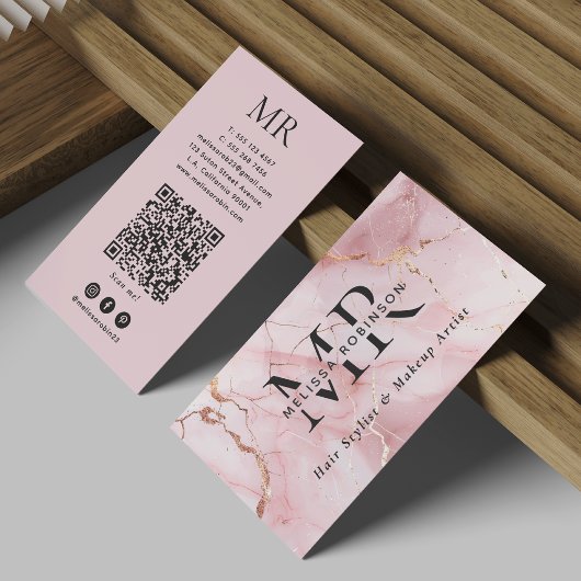 Chique Roze & Gouden Marmer Monogram en QR Code Visitekaartje