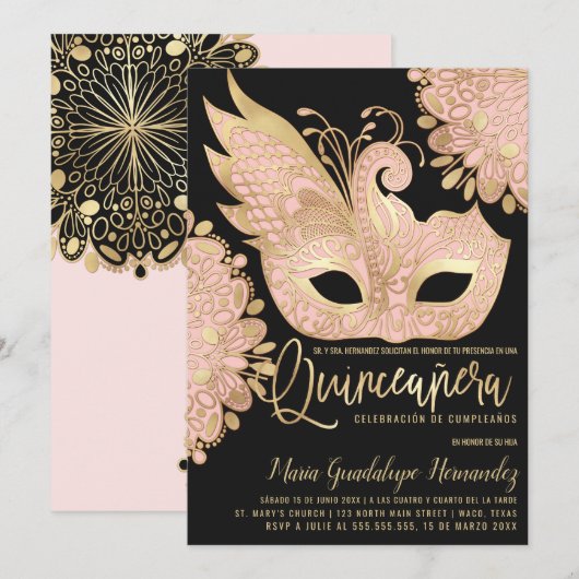 Chique roze gouden maskerade masker Español Quince Kaart (Voorkant / Achterkant)