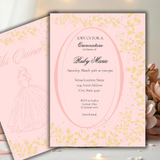 Chique Roze & Gouden Quinceanera Uitnodiging