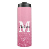 Chique roze gradiënt faux glitter monogram thermosbeker (Voorkant)